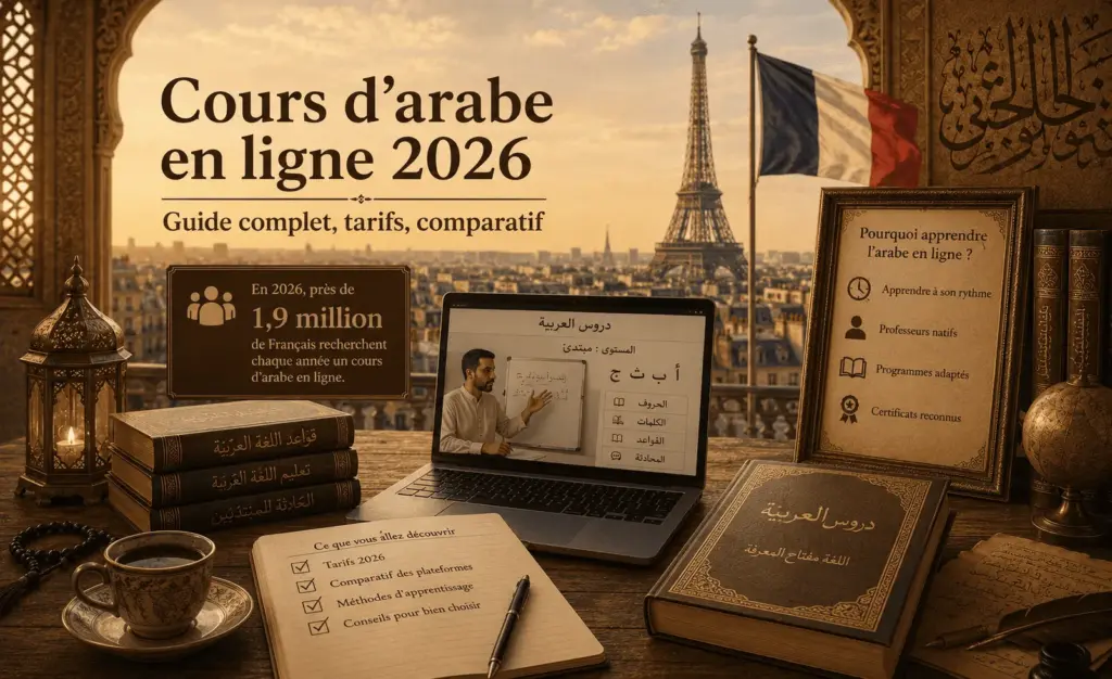 Cours d&rsquo;arabe en ligne en 2026 : le guide complet (méthodes, prix, ce qui marche)
